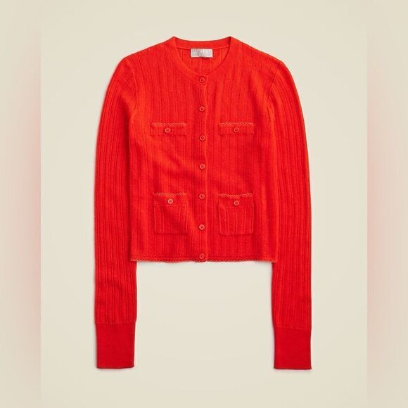 NWT J CREW Featherweight cashmere pointelle shrunken cardigan sweater in red - Picture 4 of 11